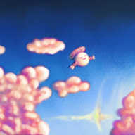 A full-colour digital painting of a blue sky with the sun in the lower right corner, fading from pale blue to dark navy. The sun is throwing out a bright halo with a sundog (a little rainbow that can sometimes be visible on the edges of such a halo) on one side. There are fluffy, cumulus clouds scattered around, coloured from deep purple to a soft pink towards the sun, while amongst them floats a tiny, spherical robot with banded arms and a propeller on its top. The robot is facing towards the sun, cast in the same colour as the clouds, with its eyes closed and a contented smile on its face.