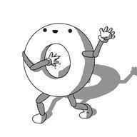 A robot in the form of a thick torus, with its smiling face at the top, above the hole. It has jointed arms and legs and is waving with one hand while the other is passing through the hole and waggling its fingers.