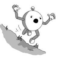 A spherical robot with jointed arms and legs and an antenna. It's leaping out from behind the side of a rock, with some tufts of grass growing out of it. The robot has its arms raised and its mouth wide open, apparently shouting angrily.
