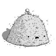 A robot in the form of a big, domed pile of hay. It has a banded antenna on its top and its face - which is near its base - is making an open-mouthed expression of disgruntlement.