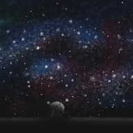 A coloured image, most of which is taken up by a vast starfield, with hazy clouds of various colours threaded through them - most prominently in dark blue, but there is also some red and green in there. At the bottom of the frame is a stretch of dark, flat ground, and a small, spherical robot with arms and legs and an antenna looking upwards in awe, its details picked out in slightly lighter colours.