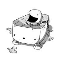 A robot in the form of a big rectangular tank or tub, with four short, banded legs on its underside. It's filled with water, right to the brim, some of which is spilling over the sides and forming puddles on the floor. Floating in the tank is Loudbot, a round robot with a very large mouth, four wheels and a speaker attached with a length of coiled wire. Displacementbot is smiling cheerfully, seemingly unaware of the mistake it's made.