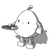 A robot shaped like a rounded triangle with banded arms and legs and a zigzag antenna, angrily pointing a remote control while its other hand rests on its hip.