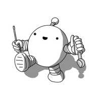 A round robot with banded arms and legs and an antenna, walking forward with a bit cheery smile on its face, holding a screwdriver in one hand and a melon baller in the other.