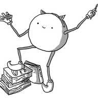 A spherical robot with jointed arms and legs, holding a miniature paintbrush in one hand and a 20-sided dice in the other. It's wearing a headband with little anime cat ears and boots with curved toes. One foot is propped on a stack of sci-fi and fantasy books.