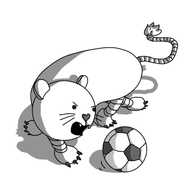 A robot in the form of a lioness. Like Cattobot, it has a separate body and head. The body is long and sausage-shaped, curling around, with four banded legs with feet that have little claws on them. It has a long banded tail with a tuft on the end. The robot's head is spherical, with whiskers, rounded ears and a heart-shaped nose. Its mouth is open and roaring, showing off two little fangs as it angrily savages a traditional football (soccer ball) that has a surface paneled with black pentagons and white octagons.
