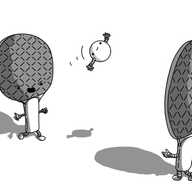 Two robots in the form of table tennis bats and one in the form of the ball. Each bat-shaped robot has little banded legs on the bottom of the handle and two banded arms further up. Their faces are towards the bottom edge of the bat's rubber surface, which is cross-hatched, though only one of their faces is visible due to the positioning of the bats. The one visible face is yelling and angry. The ball-shaped robot is flying through the air, having been hit by one of the bat-shaped robots: it has banded arms on either side and a little smiling face.