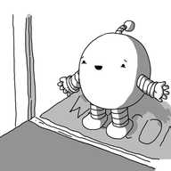 A round robot with banded arms and legs standing in a doorway, on a welcome mat, with its hands held out and an overjoyed expression on its face.