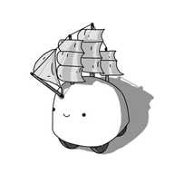 A round-topped robot with four wheels on its underside and three masts plus a bowsprit along its top, all hung with sails billowing outwards and connected by a line running between them. The robot is smiling happily.