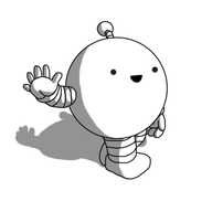 A spherical robot with banded arms and legs and an antenna. It's walking along, casually smiling and waving as it passes.
