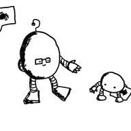 A speech bubble with a picture of a spider is addressed to a large ovoid robot with glasses and an antenna shaped like a question mark. It gestures to a smaller robot: a round robot with eyes and no mouth holding a sign with an arrow on it by his side. This is Spiderbot, an earlier small robot designed to direct spiders to places where they won't scare you.