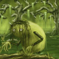 A full-colour, painted style scene depicting a misty, greenish swamp surrounded by gnarled, moss-hung trees. Emerging from the water is a bent, shapeless robot with jointed arms and legs. Its fingers are long claws and it has dark, tangled hair hanging down across its face, which only has eyes: they're pale, reflective orbs with amphibian-like irises, staring blankly out.