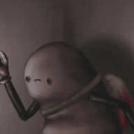 A desaturated, sepia-toned image of rounded, lumpen robot with long, jointed arms. It's standing in a corner, raising one arm to reveal a hand with long, clawed fingers. A pack is strapped to its back, which is suspiciously discoloured with moist, crimson stains with something dripping from the bottom. The robot has a strange, mournful expression on its face.