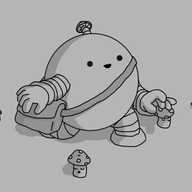 A smiling, round robot with banded arms and legs and an antenna with a little spotted mushroom cap on the end of it. The robot has a satchel slung over one shoulder and is kneeling down and delicately placing a sleeping Mushroombot (a robot in the form of a classic cartoon fly agaric mushroom with its face on the stalk) on the ground. Several other Mushroombots, also sleeping, are scattered around it. The scene is shaded darker than usual, indicating it is night.