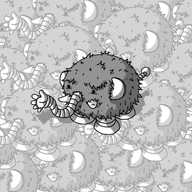 An ovoid robot in the form of an elephant: it has two rounded ears, a narrow, banded tail with a bobble on the end, four thick, banded legs and a long, banded trunk that ends in a hand. It has two blunt little tusks and is covered in fur, some of which forms a distinctive fringe (bangs) above its eyes. The background consists of the same image repeated over and over, overlapping and covering the entire frame, but slightly faded so as not to obscure the main Mastodonbot in the centre.