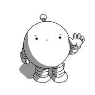A spherical robot with banded arms and legs and an antenna. It looks sad and is holding up a hand, waving goodbye.