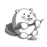 An ovoid robot in the vague form of a beaver. It's sitting up on its hind legs, with a flat, cross-hatched tail lying behind it, has little round hands and feet that resemble paws and round ears. It has whiskers, a heart-shaped nose, and two large incisors protruding from its mouth. It grasps a stick in its hands, from which has been taken a large bite, leaving crumbs around its mouth and a little, conical pile of sawdust at its feet. It looks rather pleased with itself.