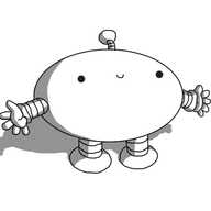 An ovoid robot with banded arms and legs and an antenna. But, crucially, the ovoid is on its side, so the robot is unusually wide.