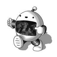 A spherical robot with banded arms and legs and an antenna. It's walking along, cheerfully pointing at a large screen set in its front, which is showing a shot of the music video for "Last Christmas" by Wham!, specifically the part where George Michael, with his blonde, feathered haircut, is sitting at the end of the dining table, cradling a glass of wine, uninvolved with the conversation around him as he looks meaningfully at his ex-, who is now in a relationship with Andrew Ridgeley.