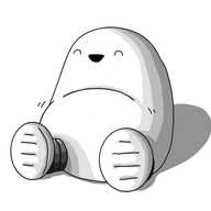 A round-topped robot with a large belly and banded legs, sitting on the ground and laughing so hard its belly is wobbling.