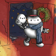 A scene depicting two robots entering a warmly-lit home from an urban Victorian street visible outside. The larger of the two robots is ovoid, with banded arms and legs, and is wearing a top hat and a large, blue scarf around it that looks a bit threadbare and has a mismatched patch sewn on it. The other robot is perched on the first one's shoulder. It's also ovoid, but very much smaller, with banded arms and legs that have a little metal frame attached to them. It also carries a wooden crutch tucked under its arm, and has lines under its eyes to indicate its frailty. Both robots look happy, with the little one smiling especially widely in delight at the scene before them to which we aren't party. A wreath hangs from the door, which looks cheaply made from planks of wood. The interior walls of the home are also cracked, with plaster flaking off here and there.