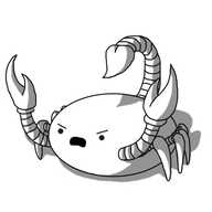 A robot in the form of a scorpion. It has an ovoid body with eight legs, each of which has one banded segment and a long, pointed segment. It has two banded arms near the front that end in standard small robot gloves, except those gloves are shaped like big pincers instead of hands. At its rear is a long, banded tail arching over its back, with a leaf-shaped stinger on the end. The robot is raising its claws and yelling angrily.