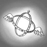 A robot consisting of two connected rings at right-angles to one another, the exterior of each of which is lined with eyes. There are two feathered wings on the sides of one ring and a banded antenna on the top of the other. The section of the ring with the wings that is equidistant between the wings has a smiling mouth underneath two of the eyes. Some of the sets of eyes have different expressions - one pair looks angry, and another is closed, as if asleep. The robot is against a mid-toned background and surrounded by a nimbus of brighter colour, as if glowing.