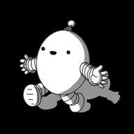An ovoid robot with banded arms and legs and a coiled antenna, just walking along, smiling with its hands held out. It's on a transparent background, and there is text reading "Openlicensebot" in the top left corner, and "@smolrobots" in the bottom right corner.