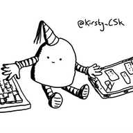 A dome-shaped robot in a conical party hat sitting between a computer keyboard and a phone with an ongoing text conversation on the screen, manipulating both at the same time.