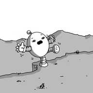 An ovoid robot with banded arms and legs and an antenna. It's standing on the edge of a cliff, with a ridge of mountains in the background, precariously balanced on one leg, waving its arms in circles and leaning backwards, an expression of startled panic on its face.
