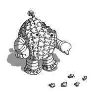 A smiling, spherical robot with banded arms and legs and an antenna. Its body, feet and antenna bobble are constructed from puzzle pieces. Part of the robot's body is incomplete, displaying part of its empty interior, and it has one hand on its hip while pointing with the other at a scattering of puzzle pieces on the floor.