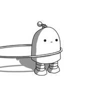 An animated gif of a round-topped robot with two banded legs and a coiled antenna. It's standing motionless, with a neutral expression on its face, as a hula-hoop rotates around its middle. Every now and then it blinks.