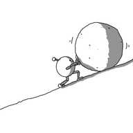 A spherical robot with jointed arms and legs and an antenna, pushing a large, craggy boulder up a slope inclined at twenty degrees. The robot looks perfectly happy with the situation.