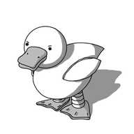 A robot in the form of a little duck. It has a spherical head and a tapering body, with almond-shaped wings on its sides. It has banded legs and flat, webbed feet. For some reason, it's making a little grumpy face.