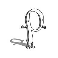 A robot in the shape of a lower-case Greek letter rho (ρ). It has little banded legs on the bottom of the stem, banded arms on either side of the loop and eyes that are a bit further up, so that the hole separates them.