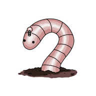 A robot in the form of an earthworm - basically just a regular banded robot limb with a rounded end that has two eyes on it, emerging from a patch of brown soil. It has an antenna with a bobble on its head section, and is coloured dull pink with a reflective sheen.