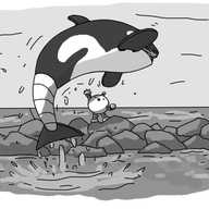 An image mimicking the famous poster from the 1993 family film 'Free Willy', where the titular orca (killer whale) is leaping out of the water over the human protagonist as he stands on a sea wall composed of heaped stones. In this case, both boy and orca are robots - the former is a spherical robot with banded arms and legs and an antenna, holding up one arm and tilting back, smiling in exultation, while the latter looks like an orca. It has a banded tail, two hinged flippers on either side, a mouth filled with sharp teeth and a pointed dorsal fin. Like an orca, its body is patterned black and white.