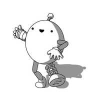 An ovoid robot with various different limbs: it has one banded arm, one jointed arm, one leg that looks like a coiled spring, and one that's also jointed. It's antenna is on a banded stalk. The robot looks quite happy with the situation.