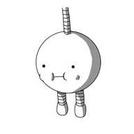 A spherical robot with two banded legs. It's suspended from above by a banded cord so its legs are hanging down, and its cheeks are bulging.