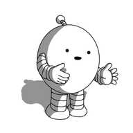 An ovoid robot with banded arms and legs and an antenna. It's talking and holding out its hands like every post-Blair politician when they explain something.