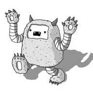 A cuboid robot with long banded arms and legs. It has clawed hands and feet, and those and its body are covered in fur, with a rectangular gap for its face. It also has horns and fangs in its wide, open mouth. It's walking forward, arms raised threateningly.