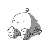 A spherical robot with banded arms and legs, sitting on the ground with a neutral expression on its face. It has an antenna with a cube on the end.