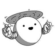 A spherical robot held aloft by a propeller on its top. It has two banded arms and is saying something as it waggles its fingers, doing "air quotes".