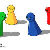 Four robots shaped like generic game pieces from Ludo or similar board games: a conical body with a spherical head. They're coloured green, yellow, blue and red, with shiny surfaces that resemble plastic. The robots are engaged in a dispute of some kind. Green is lunging towards blue, speaking angrily, while blue bares its teeth. Yellow looks grumpy in the background, while red is approaching, eyes screwed shut and shouting.