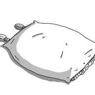 A robot in the form of a pillow. It's oriented with its face on one end, and has banded arms and legs on its underside, so that the surface where you'd lay your head is effectively it's back. The robot is asleep, with its hands folded under its chin and its legs stretched out.