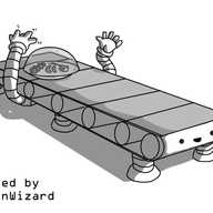 A robot in the form of a conveyor belt, with three pairs of short, banded legs on its underside. Its smiling face is on the near end and it has two long, banded arms reaching up to a circular tray on its top, covered in a transparent dome, filled with neat rows of sushi and a pair of chopsticks.