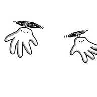 Two robots shaped like hands with little faces on and held aloft by propellers.