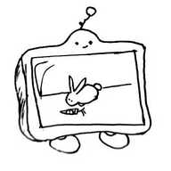 A tablet-like robot with tiny little legs and a smiling face. Displayed on its screen is a fluffy rabbit with a carrot. It seems that the carrot is not long for this world.