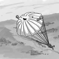 A helmeted, harnessed person descending with the aid of a round parachute, which is also a robot: it has a smiling face on its top and two banded arms on either side. Below them is a watercolour landscape, depicting a lightly-forested river valley.