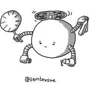 A spherical robot held aloft by a propeller on its top and with four arms: one holds a hand fan, another has a tissue, another a container of pills and the last a little bottle of lubricant.It has a sympathetic expression on its face.